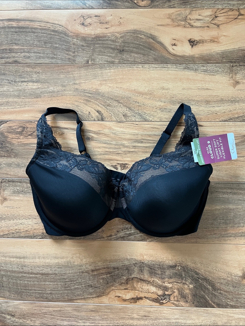 Olga Cloud 9 Bra 38D Black Lace Underwire Light Lift Super Soft Flexible Fit